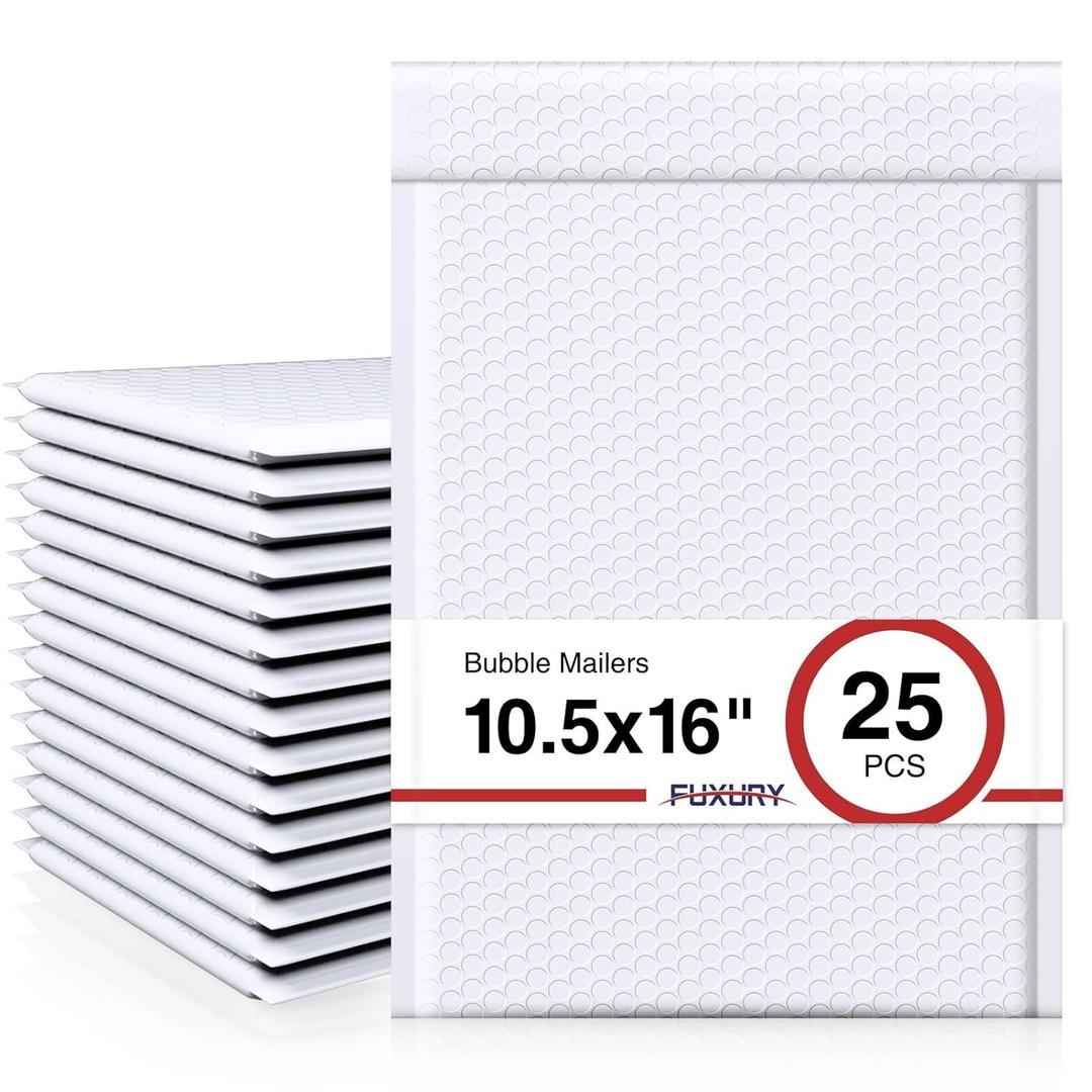 Fuxury White Bubble Mailers 10.5x16 Inch 25 Pack, Self Seal Padded Envelopes Waterproof Shipping Bags, Padded Mailers, Bubble Bags for Mailing, Packaging, Small Business, #5