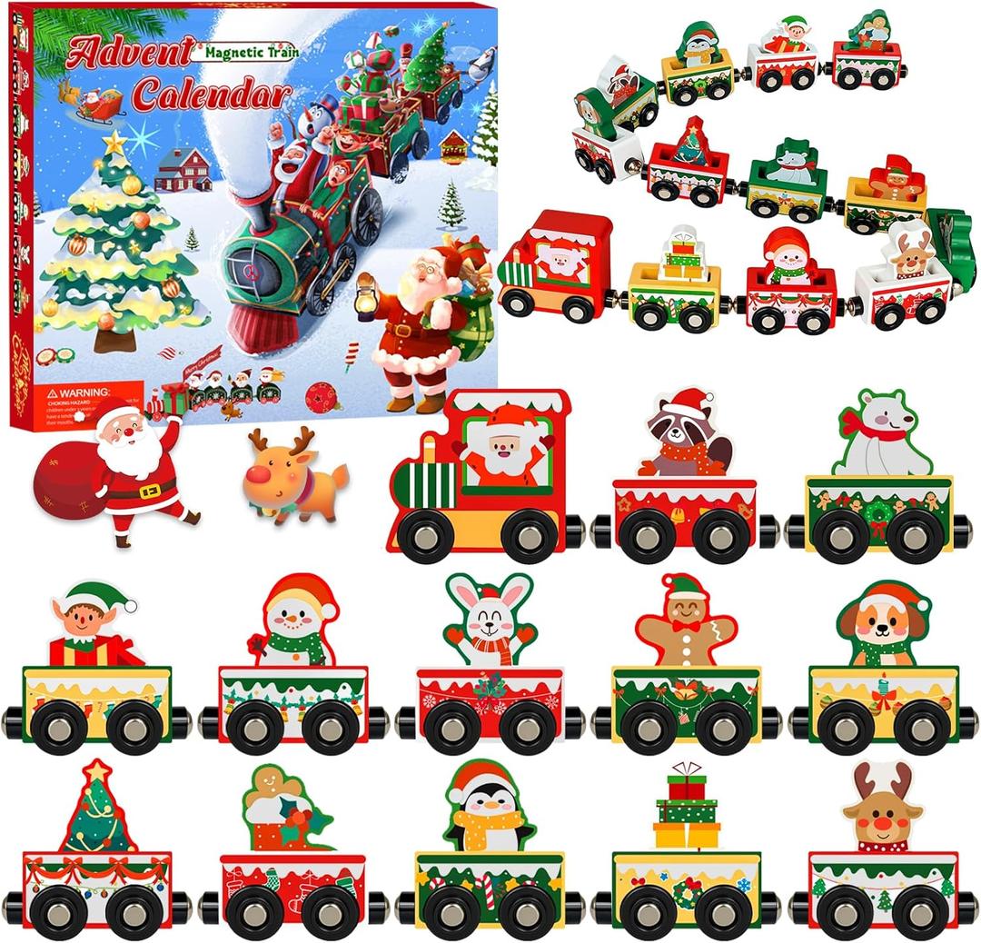 Advent Calendar 2025 Magnetic Wooden Animal Train for Kids,24 Day Christmas Advent Calendar Surprise Train,Montessori Magnetic Train Toy Christmas Countdown Gift for Toddlers,Boys and Girls
