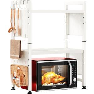 Microwave Stand, 3-Tier Expandable(17.4"-27.4") Microwave Oven Rack, Heavy Duty Adjustable Shelf with 9 hooks, Kitchen Organizer Storage Shelves for Pantry, Countertop, Coffee Bar, Office, Dorm, White