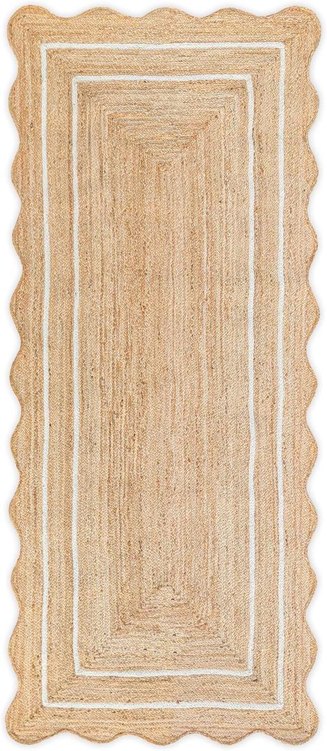 Wave Scalloped Natural Jute Runner, Off White (2'6"x6'): Boho Farmhouse Entryway Scallop Rug
