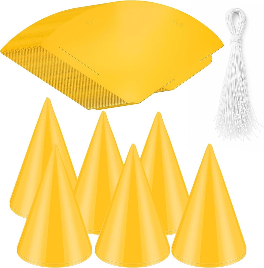 36 PCS Party Cone Hats DIY Birthday Paper Cone Hats for Kids and Adults Birthday, Baby Shower, Bridal Shower (Yellow)