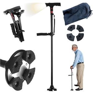 Walking Cane for Women & Seniors Balance  Foldable Adjustable Smart Cane for Men with LED Light & Alarm, Four-Leg Base & Double Handles, Lightweight Mobility Aid for Elderly Stability (Black)