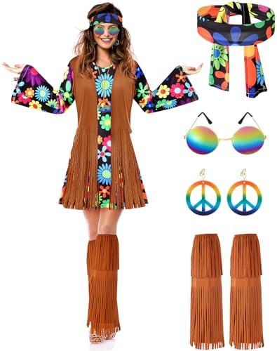 SATINIOR Hippie Costume Set Women 60s 70s Disco Outfits Halloween Party Dress Accessories for Adult XL