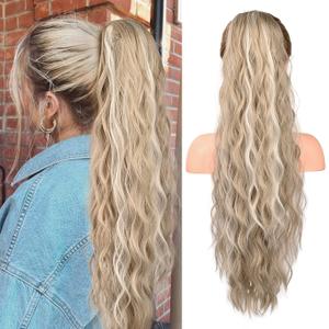 FLUFYMOOZ Ponytail Extension, 26 Inch Drawstring Ponytail Hair Extensions for Women Long Curly Wavy Ponytail Natural Synthetic Hairpiece for Women (26 Inch Blonde with Blonde Highlights)