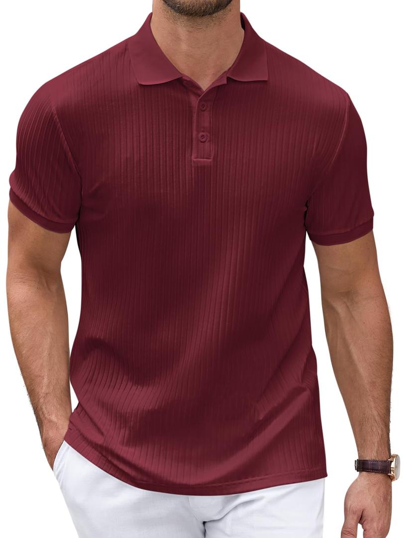 LIFROWI Mens Polo Shirts Short Sleeve V Neck T Shirts Golf Shirts Button Up Shirts Collared Cotton Summer Shirt(S,6-Burgundy) (Red, S)