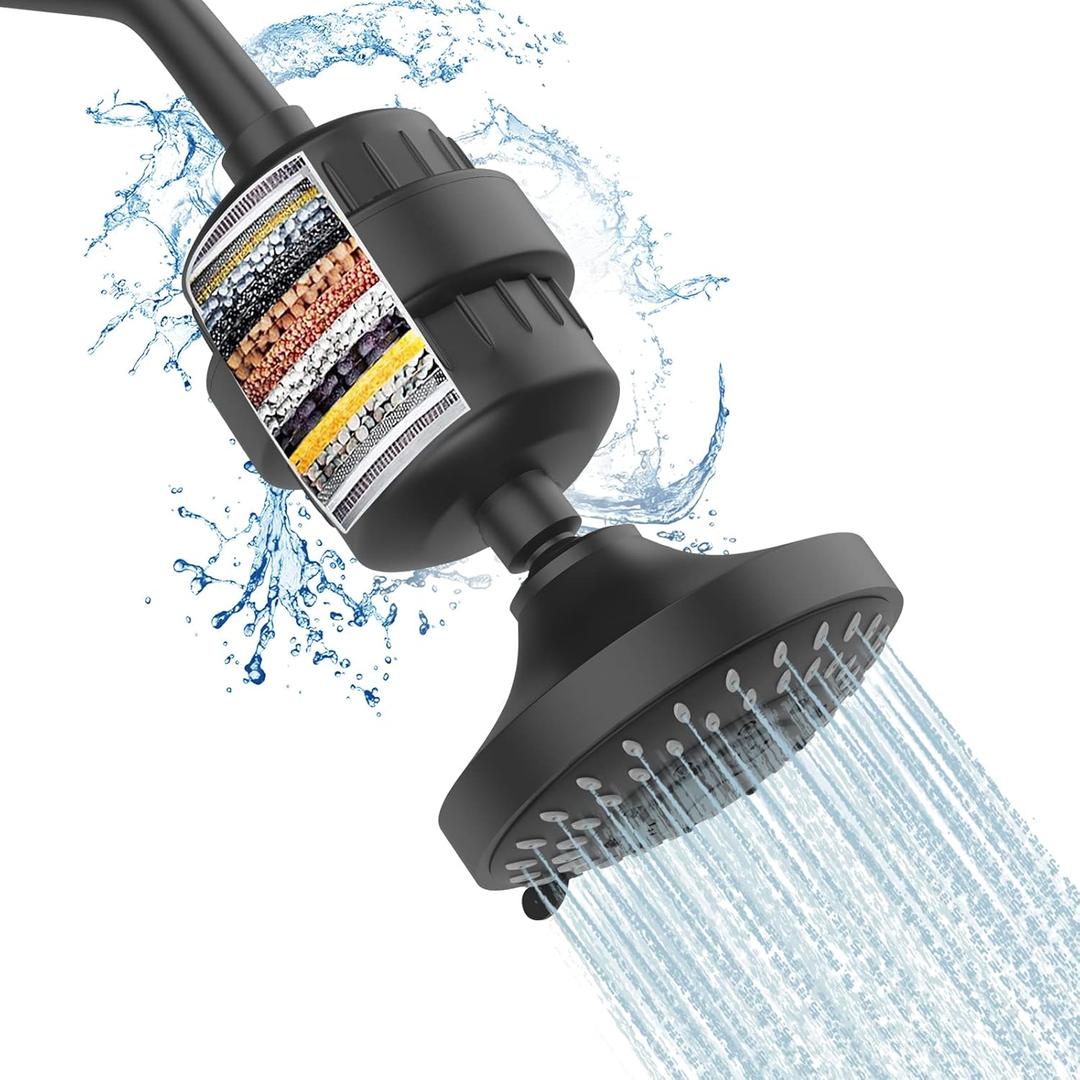 FEELSO Shower Head and 15 Stage Shower Filter Combo, High Pressure 5 Spray Settings Filtered Showerhead with Water Softener Filter Cartridge for Hard Water Remove Chlorine and Harmful Substances (Matte Black)