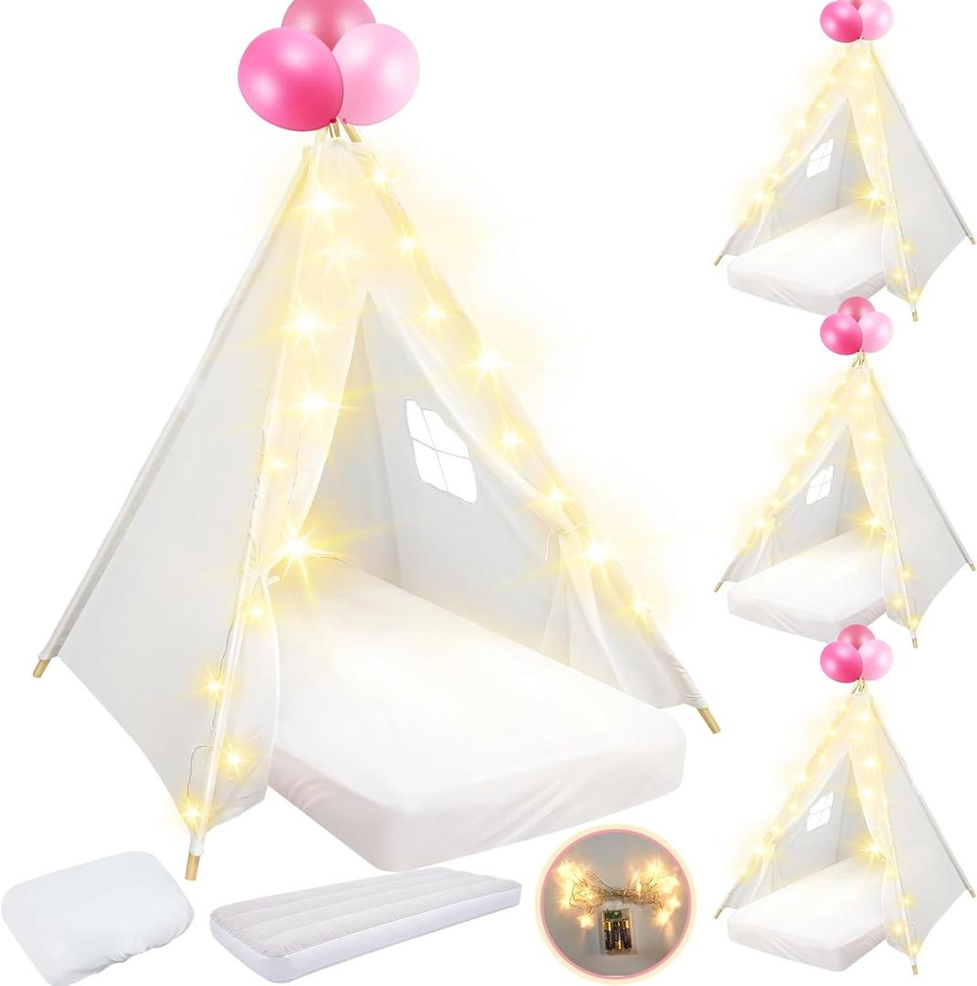4 Pack Teepee Tent for Kids Slumber Party with Mattress,Fitted Sheet,Light String,Natural Cotton Washable Sleepover Tents for Girls Party Birthday Slumber Movie Night Supplies(White)
