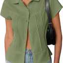 Cicy Bell Womens Short Sleeve Button Down Shirts Pleated Slim Fit Summer Dressy Casual Blouses (Medium, Army Green)