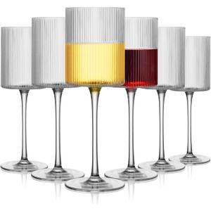 Ribbed Square Wine Glasses Set of 6, Vintage 13Oz White Red Wine Glass, Hand Blown Crystal Wine Glasses - Gifts for Women, Men, Wedding, Anniversary, Christmas, Birthday (Transparent)