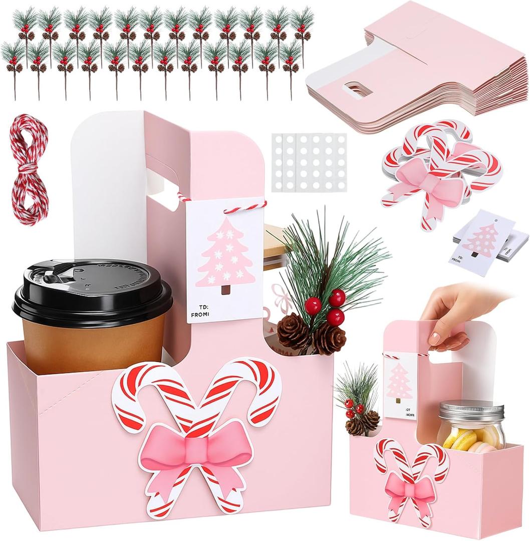 Oudain 24 Set Valentine Gift Carriers with Handle Valentine 2 Cup Drink Holders Pink Kraft Treat Gift Bags Flower Holder Boxes with Greeting Cards and Berry Pines for Teacher Student Gifts Bags