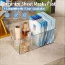 Face Mask Organizer, 4-Compartment Clear Plastic Sheet Mask Holder & Makeup Palette Storage, Vanity Storage Bin for Bathroom Counter, Cosmetic Organizer for Skincare, Eyeshadow & Brushes