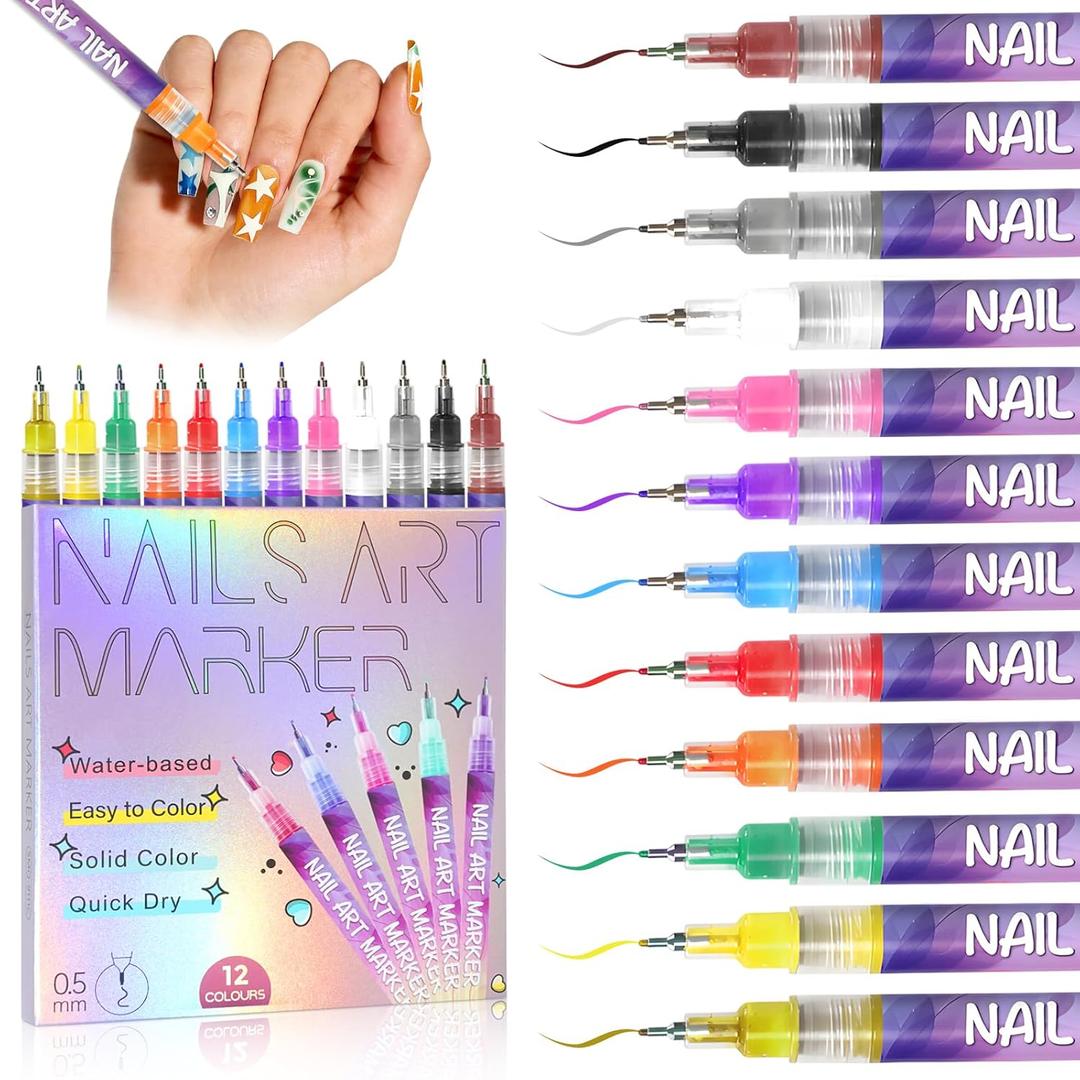 12 Colors Nail Art Marker Pens Set, Nail Markers for Nail Art, Suitable for Nail Art, Nail Painting, And Artistic Decorations; Suitable for Both Children And Adults. (12 Colors)