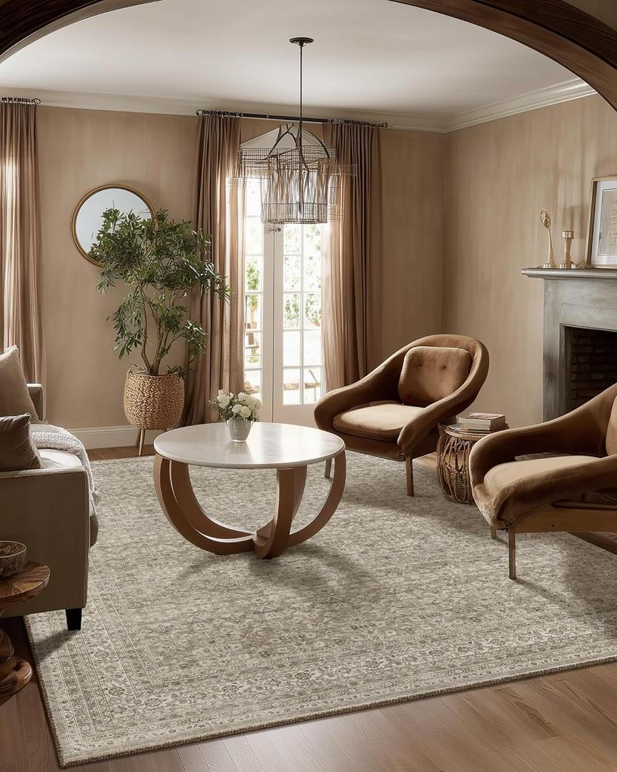 Washable Area Rugs for Living Room: 5x7 Bedroom Area Rug Boho Vintage Rugs Stain Resistant Non Slip Low Pile Soft Lightweight Carpet for Kitchen Dining Room Farmhouse Nursery Kids Room (Brown Grey Cream)