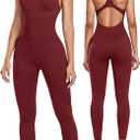 OLCHEE Womens Workout Jumpsuits Seamless Yoga Gym Bodycon Rompers Sexy Racerback Tummy Control Padded Bra Unitard (Red, XL)