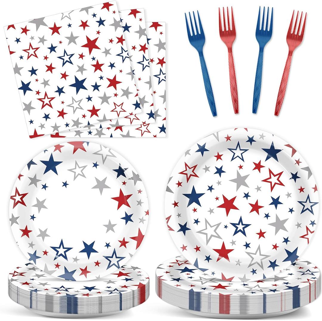 96PCS 4th of July Paper Plates and Napkins Patriotic Party Supplies Set Red Blue Silver Stars Disposable Tableware USA Themed Dinnerware for Independence Days Veterans Day Table Decorations