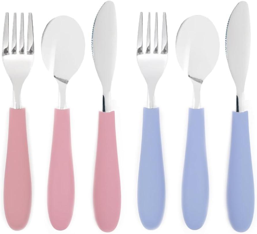 Elk and Friends Kids Silverware with Silicone Handle | Childrens Safe Flatware | Kids Utensils | Spoon + Fork + Knife set | 4 years+ | 6 Pieces (Blush/Lilac)