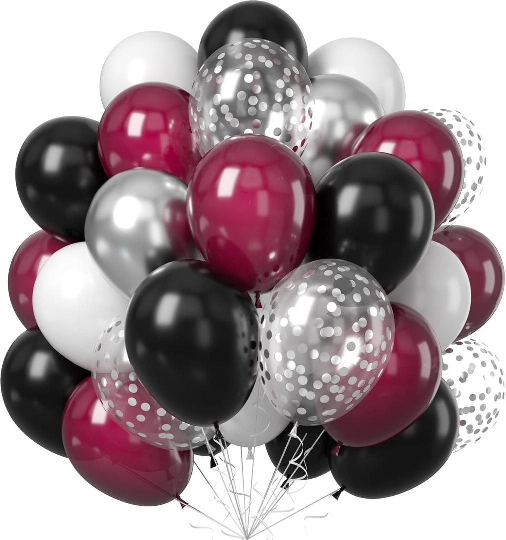 Balloons Burgundy Black Silver, Wine Red Black Party Balloon Maroon Metallic Chrome Silver Balloons and Silver Confetti Helium Latex Balloons for Birthday Bridal Shower Wedding Party Decorations