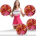 Pack of 4 Cheerleading Pom Poms 12 inch 80g Foil Plastic Metallic Cheerleader Pom Poms for Cheer Sport Kids Adults Team Spirit Cheering (Rose Red/Gold New)