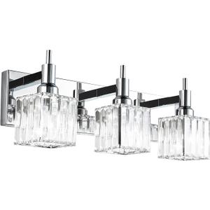 Crystal Bathroom Vanity Light 3-Light Wall Light Fixtures Over Mirror Chrome Vanity Lighting for Bathroom Square Shade Wall Sconce