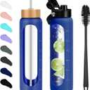 FULBEVY 32 oz Glass Water Bottles - 1 Liter Motivational Tumbler Water Bottle Time Marker - Borosilicate Glass Water Bottle With Silicone Sleeve and 2 Lids, Handle Spout & Bamboo Straw Lid (Blue)