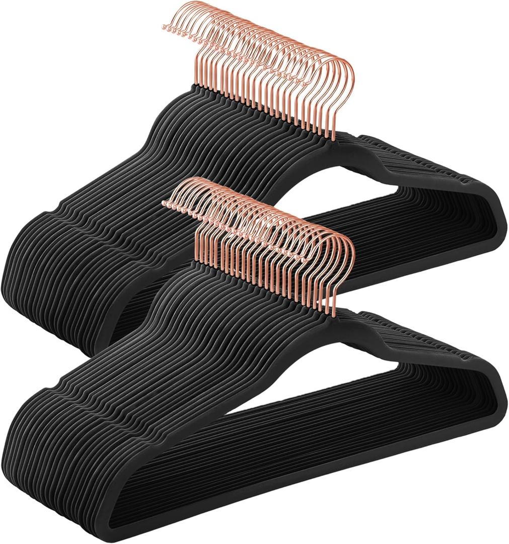 SONGMICS Velvet Hangers 50 Pack, Non-Slip with Rose Gold-Colored Swivel Hooks, Slim Space-Saving for Closet, Heavy-Duty, Black UCRF026B50