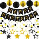 Black Gold Birthday Party Decorations Happy Birthday Banner with Honeycomb Balls Stars Hanging Swirl Streamers Buntings Circle Dots Garland for Birthday Party