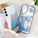 BITOBE Designed for Samsung Galaxy S24 / S25, Cute 3D Butterflies Case Slim Plating Glitter Bling Luxury Rhinestone Cover for Women Girls Protective Camera Protection Bumper 6.2" Blue