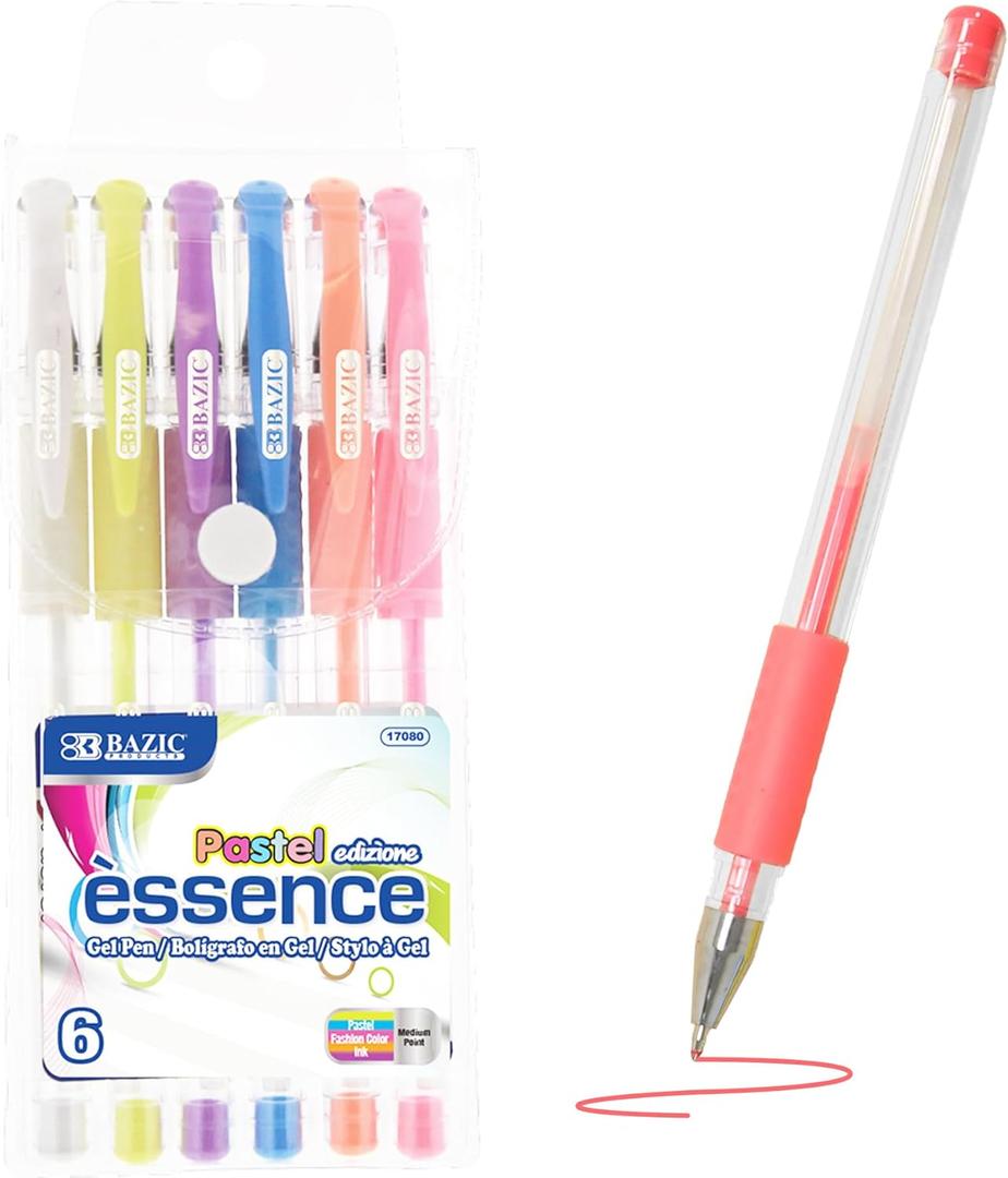 BAZIC Products Essence Gel Pen 0.8mm Pastel Color, Comfort Grip Acid Free Smooth Writing for Drawing Coloring Greeting Card Art Gift (6/Pack), 1-Pack