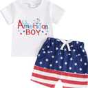 4th of July Baby Boy Outfit Letter Flag Embroidery T-Shirt Top and Shorts Set 2 Piece July Fourth Clothes Set (White) 0-6M