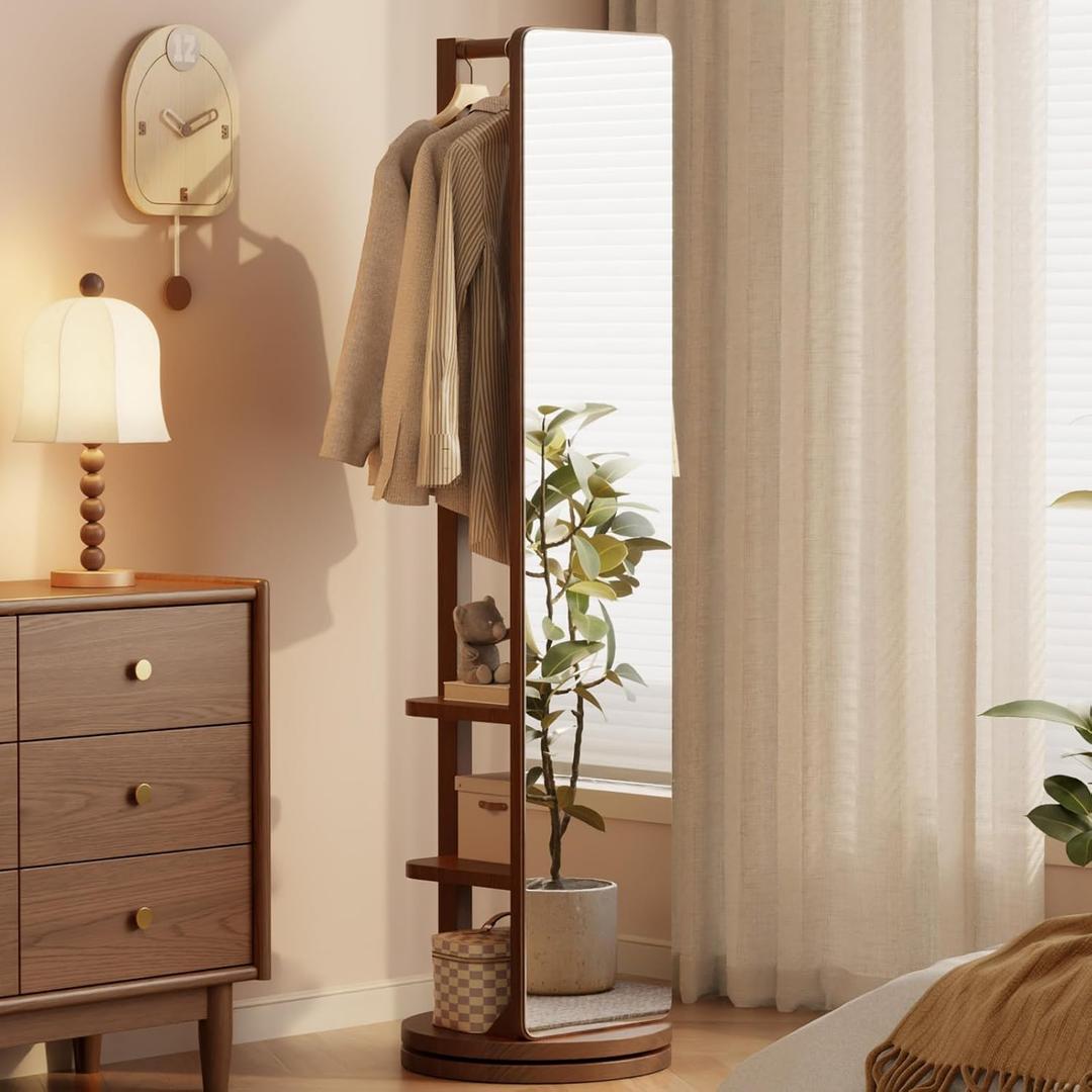 Woods Whisper Full Length Mirror Coat Rack Solid Wood Floor Mirror 66"x12" Full Length Mirror with Stand Long Mirrors for Bedroom, Living Room (Deep Walnut, 66" Lx12 W)