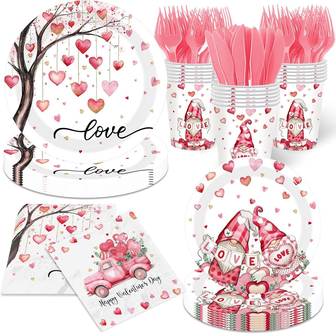 Pink Valentines Day Decorations Galentines Day Plates and Napkins Sets Heart Love Disposable Tableware for Birthday Baby Shower Engagements Weddings Anniversary Party Serves 24