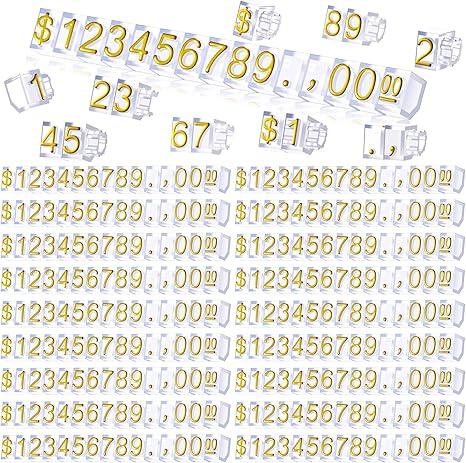 50 Sets Price Display Cube Number Letter Price Tag Cube Blocks Adjustable Dollar Display Stand Small Counter Kit for Jewelry Retail Vending Machine Shop Signs (Gold Number,Clear)