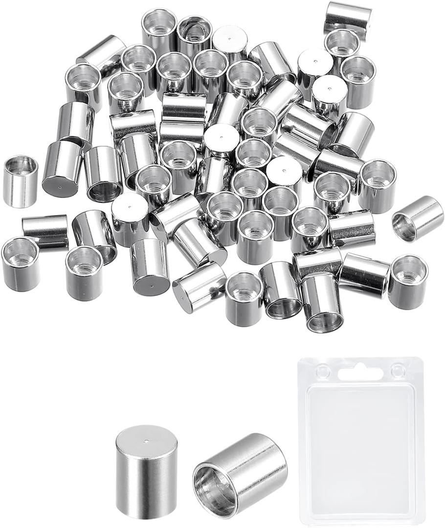 uxcell 60Pcs Stainless Steel Cord Ends, 3mm ID Column Leather Cord End Caps for Bracelet Jewelry Making DIY, Silver Tone
