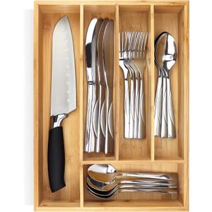 Pristine Bamboo Silverware Organizer - Small Extra-Deep Wooden Kitchen Drawer Organizer Divider for Spoons, Forks, Knives & Cutleries - 5 Slots (Brown)