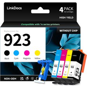 LinkDocs 923 Ink Cartridges Combo Pack Compatible Replacement for HP 923 Ink Cartridges 923XL Work with OfficeJet Pro 8130 8135e 8138e 8139e OfficeJet 8120 8122e Printer, 4-Pack Without Chip