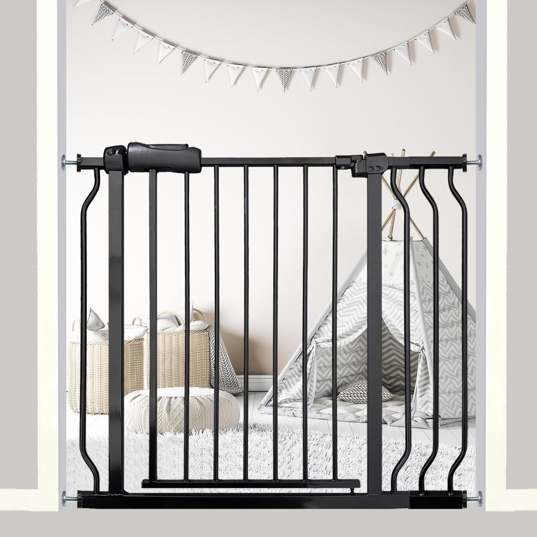 34-38.5 Inch Walk Through Baby & Dog Gate, No Drill Pressure Mounted, Expandable Safety Gate for Kitchen & Living Room, Black Metal with Extension Kit (34"-38.5"/86-98CM, Black)