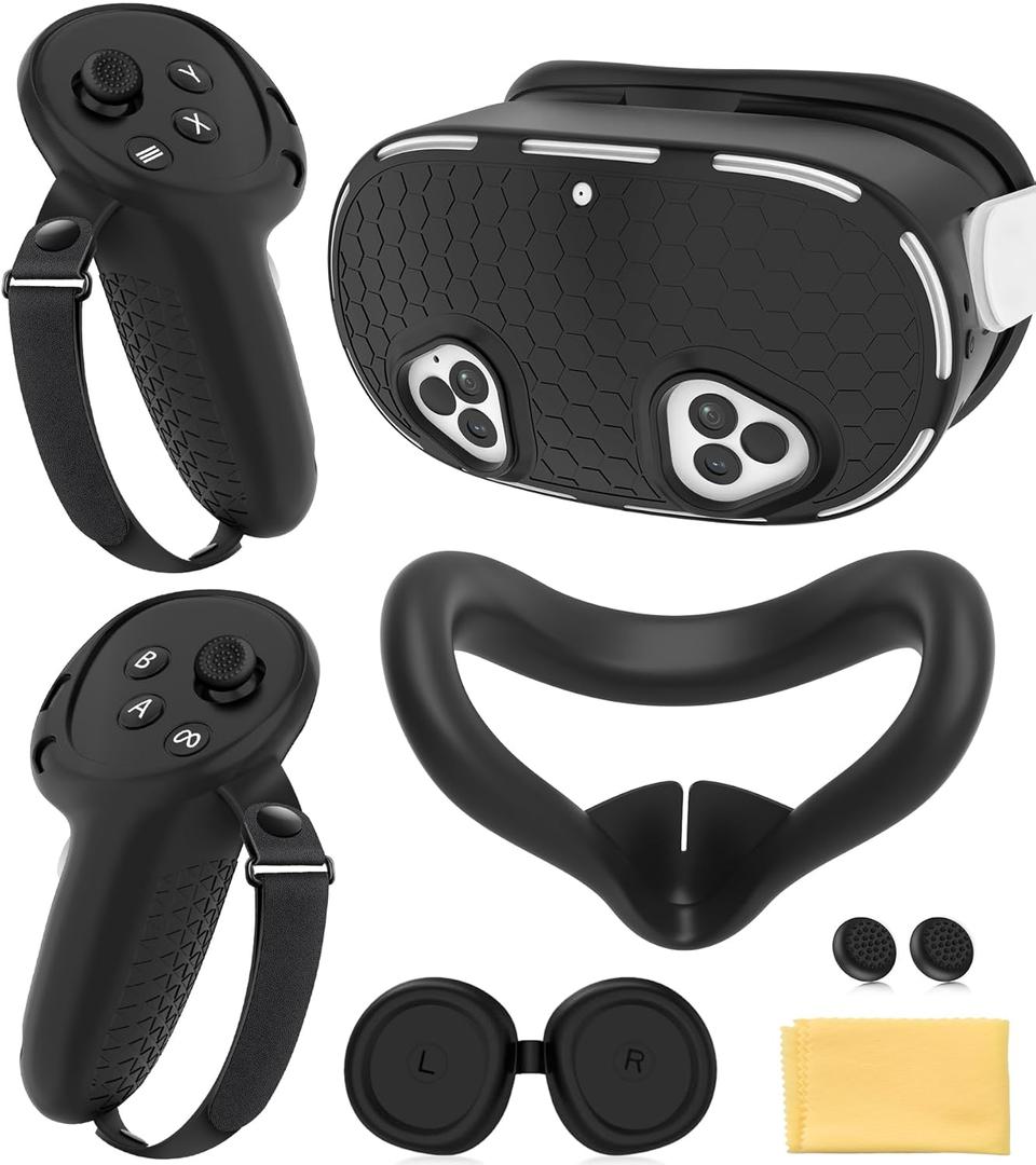 Silicone Cover Set Compatible with Meta Quest 3S Accessories, VR Protector Face Cover, Controller Grips, Front Shell Headset Cover and Lens Protective Cover for Meta/Oculus Quest 3S Accessories(Black)
