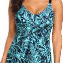 Tempt Me Women Tankini Top Only V Neck Swim Tops Tummy Control Bathing Suit Top No Bottom (Blue, XL)