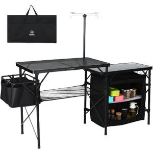 Nice C Camping Kitchen Table, Portable Folding Camp Cook Station, Storage Organizer, with Light Poles, Storage, Side Bag, Side Hooks, for Outdoor, Picnic, Beach, RV Traveling (Black), 67.9 inches x 20 inches x 31.69 inches