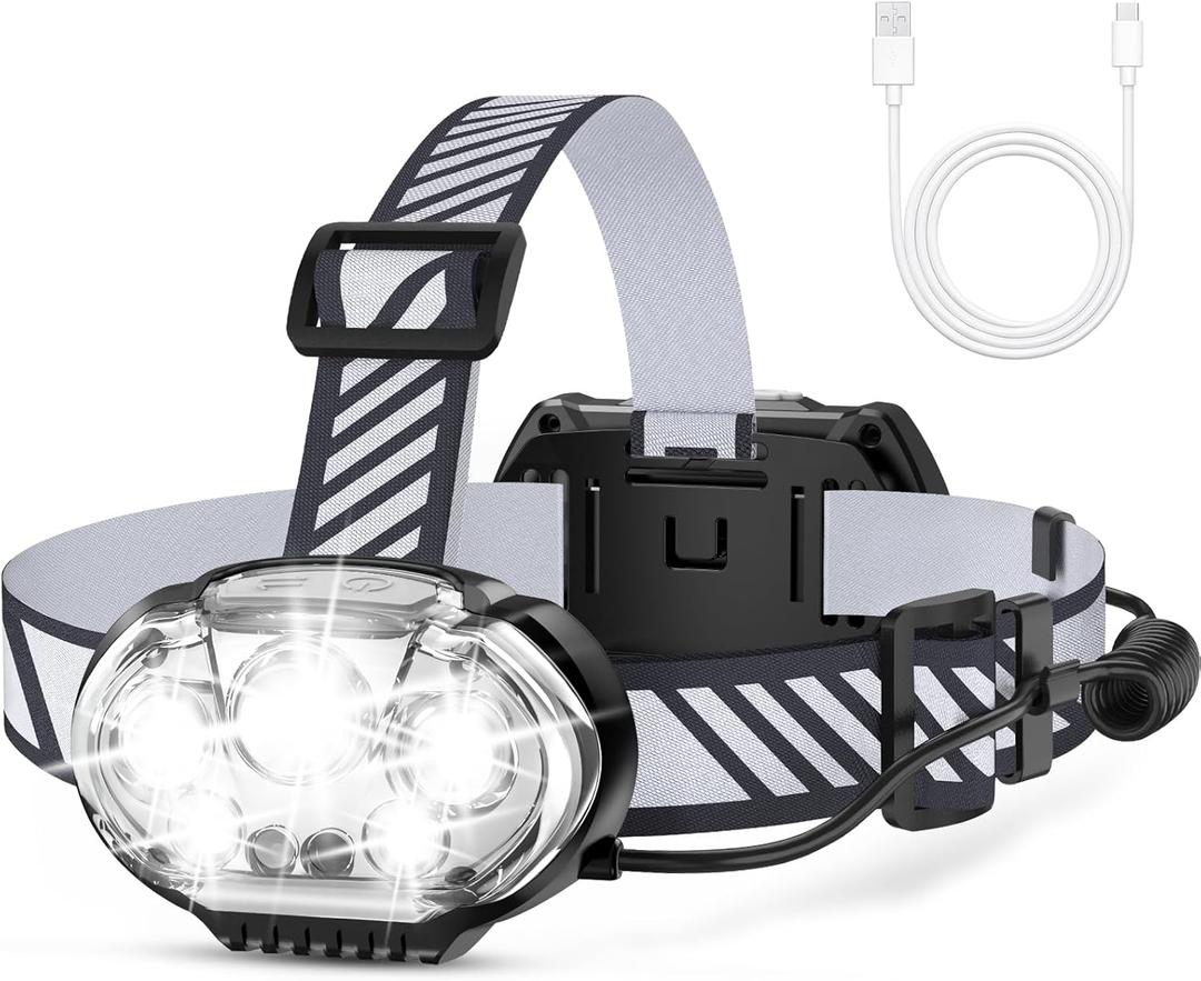 Rechargeable Headlamp, High Lumen Bright 5 LED Head Lamp with Red White Light, IPX4 Waterproof Headlight,8 Mode Head Flashlight for Outdoor Running Hunting Fishing Hiking Camping Gear (1-Pack, Gray)