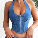 MakeMeChic Women's Denim Vest Top Halter Sleeveless Open Back Jean Crop Corset Tops (Blue, L)