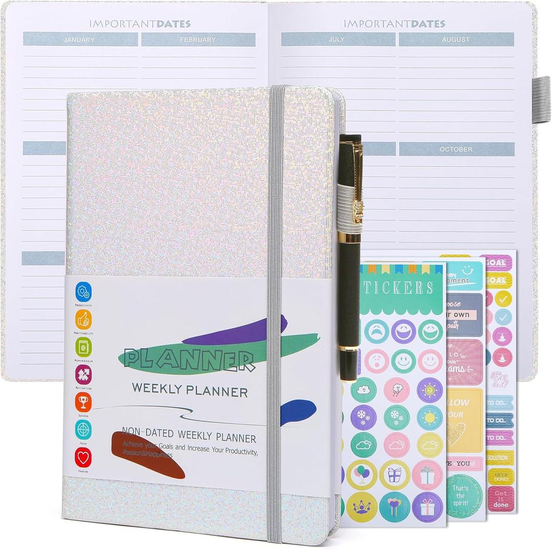 Toplive Undated Weekly Planner 2025 with Planner Stickers, Cute PU Leather Glitter Planner, A5 Agenda Journal with Goals & Habit Tracker, ADHD Planner Organizer (Glitter Silver)