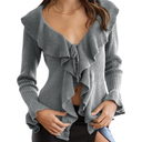 Goranbon Womens V Neck Sexy Sweaters Ruffle Long Sleeve Wrap Loose Sweater Fashion Drawstring Jumper, XXL