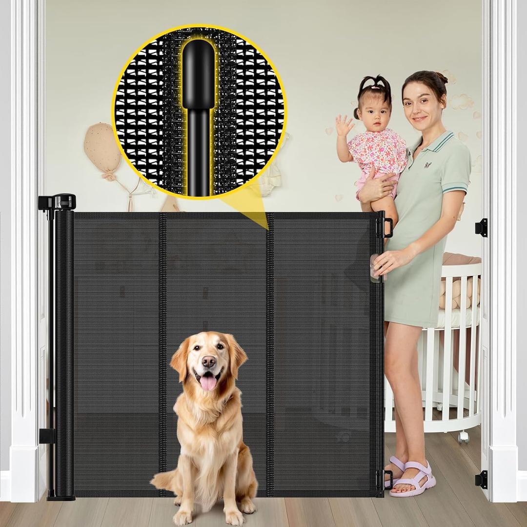 Reinforced 42 Extra Tall Retractable Baby Gates with Rods, Extends up to 60 Wide, Tall Retractable Dog Gate for Doorways Prevent Crawling Through Mesh Pet Gate Indoor Outdoor, Black