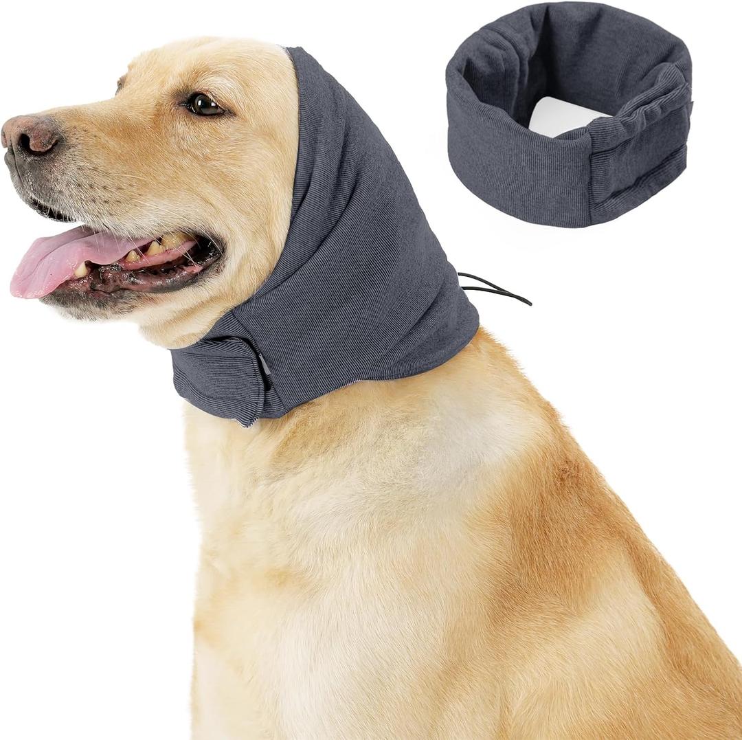 Meifsou Quiet Ears for Dogs - Adjustable Ear Covers for Noise, No Shake Dog Head Wrap, Dog Calming Hood for Thunder, Lightning, Fireworks, Vet Visits, Polyester and Stretch Cotton Blend, Grey S