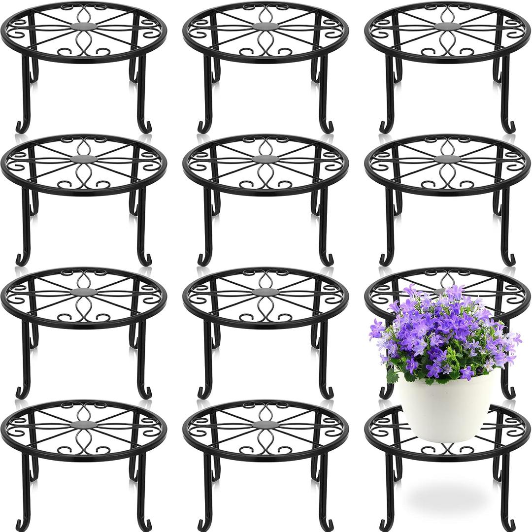 Maitys 12 Pack Metal Plant Stands Outdoor Indoor Heavy Duty Flower Potted Holder Anti-Rust Plant Pot Shelf Round Flower Display Rack for Porch Garden(Black)