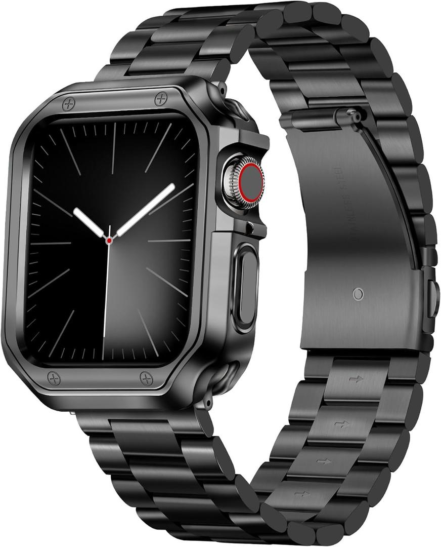 BINLUN Compatible with Apple Watch Band 49mm 46mm 45mm 44mm 42mm 41mm 40mm 38mm Stainless Steel Metal Watch Strap with TPU Watch Case Compatible with iWatch Series Ultra/11/10/9/8/7/SE2/SE/6/5/4/3/2/1 (Black)