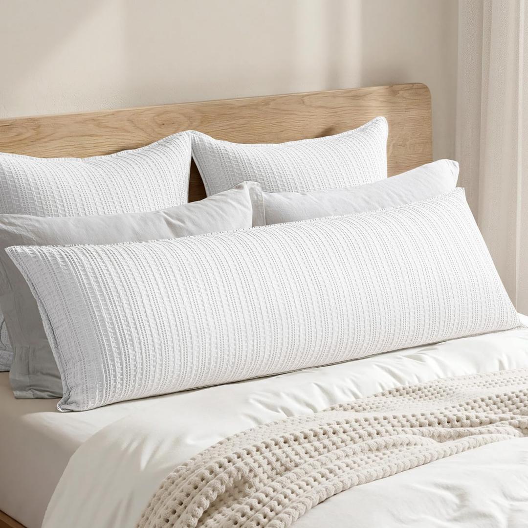 100% Cotton Waffle Weave Body Pillowcase, 1 Pack 20x54 Decorative Body Pillow Cover for Bed Couch Sofa, Neutral Soft Long Cushion Sham Modern Farmhouse Home Decor, White