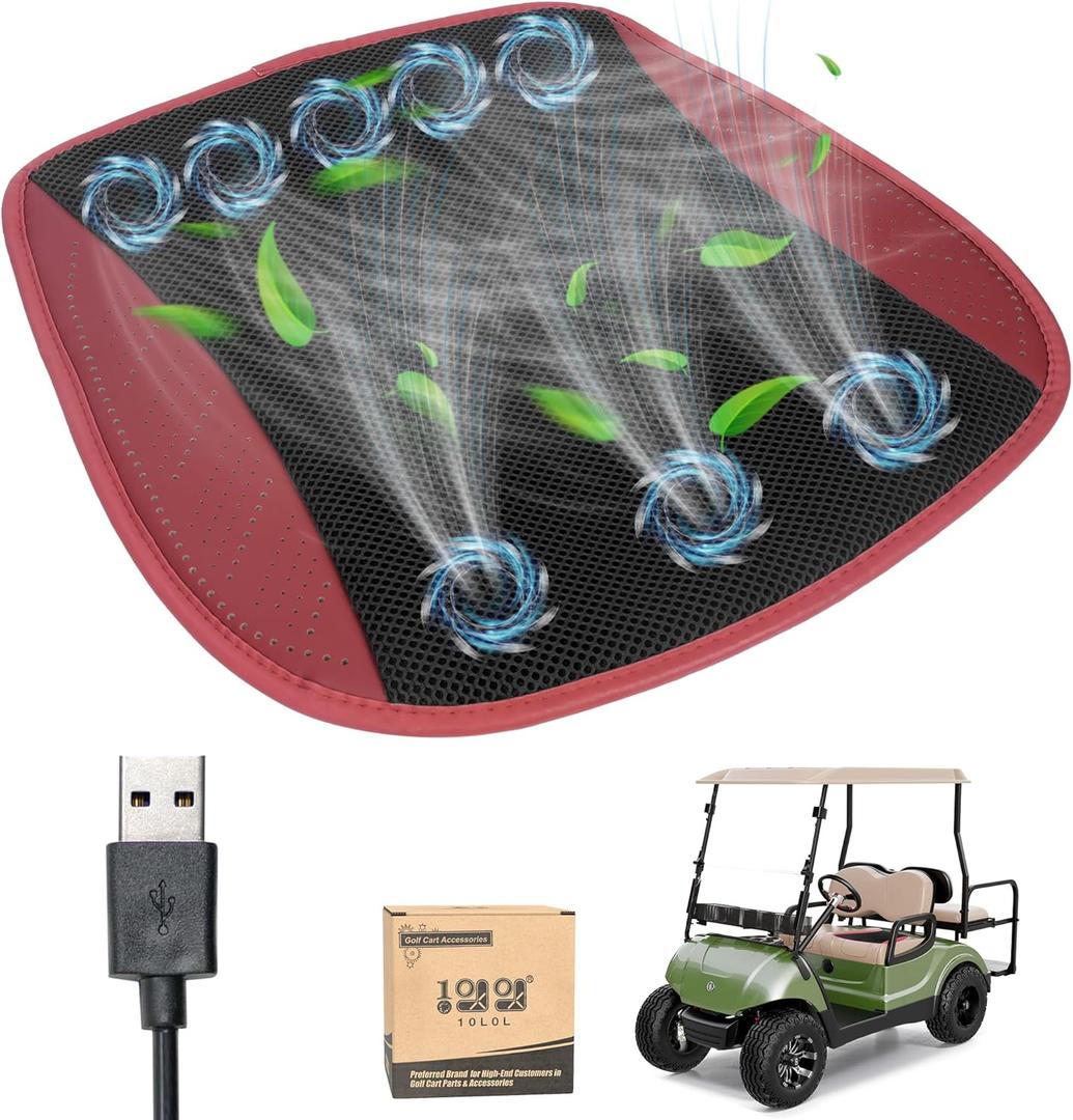 10L0L Universal Cooling Golf Cart Seat Cover Ventilated Seat Cushion with Fan Summer Breathable 3 Wind Adjustable Cooled Seat Pad Black Red
