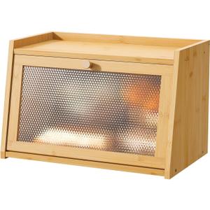 Large Farmhouse Bread Box with Window - Natural Wood Bread Storage Container for Kitchen Countertop (Natural)